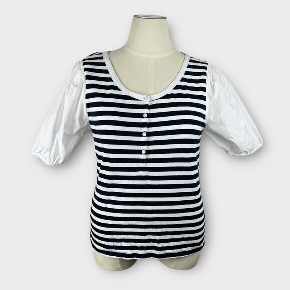 Talbots XL Blue White Stripe Cotton Short Balloon Sleeve Blouse Top Preppy - Picture 1 of 5